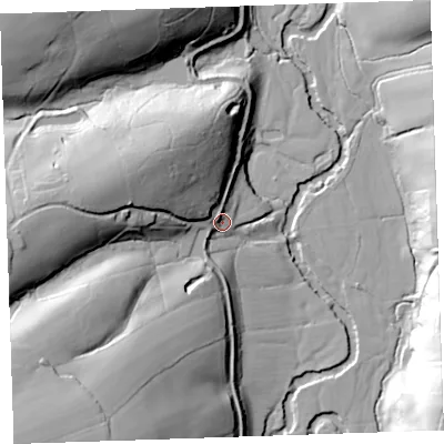 Shaded relief map of the ground around PL159RG, computed from Environment Agency LiDAR. The ground here sits at about 75 m above sea level and falls 59 m across the surrounding 800 m. Surface water reaching this point runs off ground lying to the north-west, 26.7 m higher.