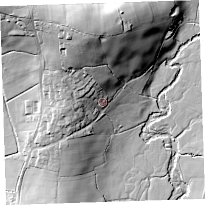 Shaded relief map of the ground around PL159RT, computed from Environment Agency LiDAR. The ground here sits at about 90 m above sea level and falls 44 m across the surrounding 800 m. Surface water reaching this point runs off ground lying to the north-north-west, 13.7 m higher.