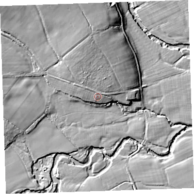 Shaded relief map of the ground around PL159SR, computed from Environment Agency LiDAR. The ground here sits at about 61 m above sea level and falls 19 m across the surrounding 800 m. Surface water reaching this point runs off ground lying to the north, 5.5 m higher.
