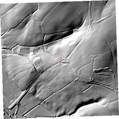 Shaded relief map of the ground around PL159SS, computed from Environment Agency LiDAR. The ground here sits at about 77 m above sea level and falls 49 m across the surrounding 800 m. Surface water reaching this point runs off ground lying to the east-north-east, 22.3 m higher.