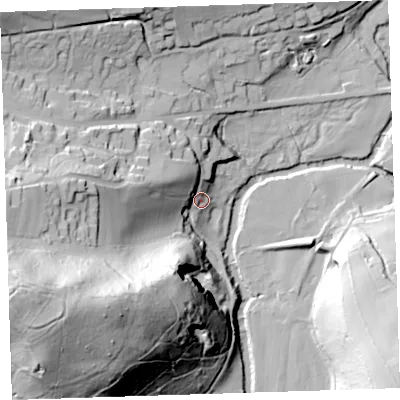 Shaded relief map of the ground around PL160AE, computed from Environment Agency LiDAR. The ground here sits at about 60 m above sea level and falls 86 m across the surrounding 800 m. Surface water reaching this point runs off ground lying to the west-north-west, 21.7 m higher.