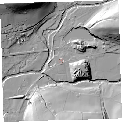 Shaded relief map of the ground around PL160AH, computed from Environment Agency LiDAR. The ground here sits at about 57 m above sea level and falls 58 m across the surrounding 800 m. Surface water reaching this point runs off ground lying to the south-south-east, 1.0 m higher.