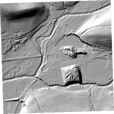 Shaded relief map of the ground around PL160AJ, computed from Environment Agency LiDAR. The ground here sits at about 56 m above sea level and falls 62 m across the surrounding 800 m. Surface water reaching this point runs off ground lying to the east-north-east, 41.4 m higher.