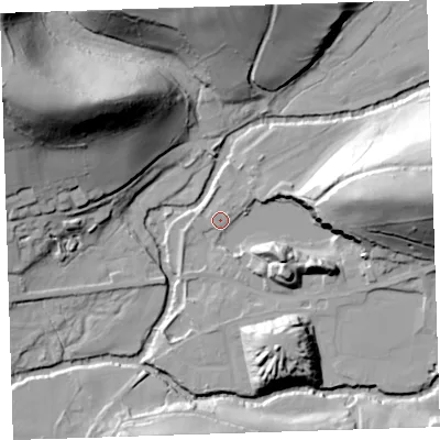 Shaded relief map of the ground around PL160AL, computed from Environment Agency LiDAR. The ground here sits at about 56 m above sea level and falls 62 m across the surrounding 800 m. Surface water reaching this point runs off ground lying to the east, 39.6 m higher.