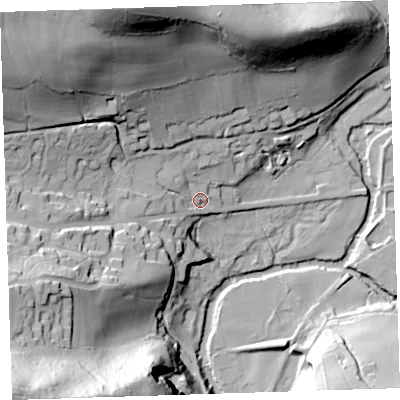 Shaded relief map of the ground around PL160AQ, computed from Environment Agency LiDAR. The ground here sits at about 63 m above sea level and falls 83 m across the surrounding 800 m. Surface water reaching this point runs off ground lying to the north-west, 55.5 m higher.