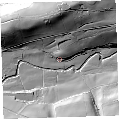 Shaded relief map of the ground around PL160AZ, computed from Environment Agency LiDAR. The ground here sits at about 61 m above sea level and falls 66 m across the surrounding 800 m. Surface water reaching this point runs off ground lying to the north-north-east, 15.9 m higher.