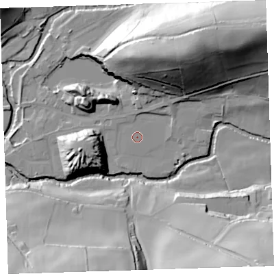 Shaded relief map of the ground around PL160BB, computed from Environment Agency LiDAR. The ground here sits at about 58 m above sea level and falls 57 m across the surrounding 800 m. The ground contributing surface water to this point lies to the north-north-west.