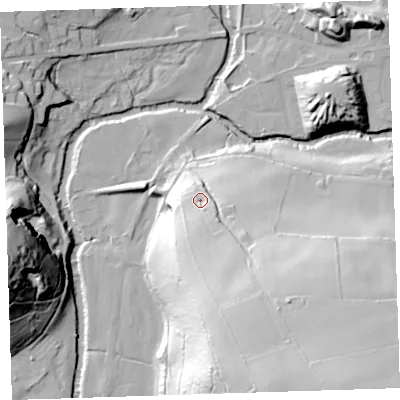 Shaded relief map of the ground around PL160DF, computed from Environment Agency LiDAR. The ground here sits at about 73 m above sea level and falls 67 m across the surrounding 800 m. Surface water reaching this point runs off ground lying to the south-south-east, 33.1 m higher.