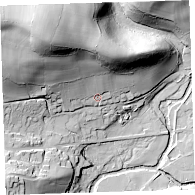 Shaded relief map of the ground around PL160EH, computed from Environment Agency LiDAR. The ground here sits at about 71 m above sea level and falls 83 m across the surrounding 800 m. Surface water reaching this point runs off ground lying to the north-west, 61.0 m higher.