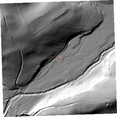 Shaded relief map of the ground around PL160EL, computed from Environment Agency LiDAR. The ground here sits at about 59 m above sea level and falls 68 m across the surrounding 800 m. Surface water reaching this point runs off ground lying to the north-west, 42.5 m higher.