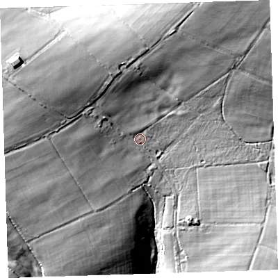 Shaded relief map of the ground around PL160EX, computed from Environment Agency LiDAR. The ground here sits at about 196 m above sea level and falls 34 m across the surrounding 800 m. Surface water reaching this point runs off ground lying to the north-west, 12.3 m higher.