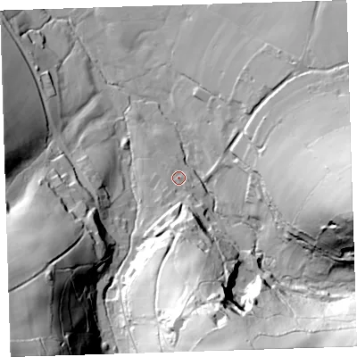 Shaded relief map of the ground around PL160HN, computed from Environment Agency LiDAR. The ground here sits at about 104 m above sea level and falls 91 m across the surrounding 800 m. Surface water reaching this point runs off ground lying to the south, 9.3 m higher.