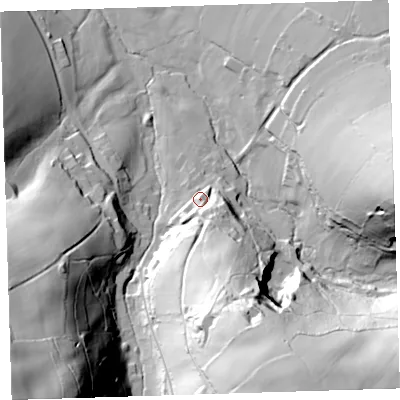 Shaded relief map of the ground around PL160HP, computed from Environment Agency LiDAR. The ground here sits at about 111 m above sea level and falls 101 m across the surrounding 800 m. Surface water reaching this point runs off ground lying to the south-south-east, 12.7 m higher.
