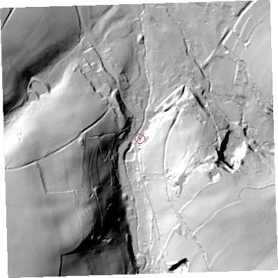 Shaded relief map of the ground around PL160HR, computed from Environment Agency LiDAR. The ground here sits at about 109 m above sea level and falls 109 m across the surrounding 800 m. Surface water reaching this point runs off ground lying to the south-west, 97.2 m higher.