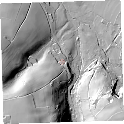 Shaded relief map of the ground around PL160HS, computed from Environment Agency LiDAR. The ground here sits at about 115 m above sea level and falls 106 m across the surrounding 800 m. Surface water reaching this point runs off ground lying to the south-west, 54.0 m higher.