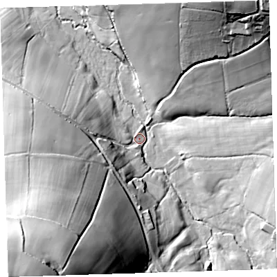 Shaded relief map of the ground around PL160JB, computed from Environment Agency LiDAR. The ground here sits at about 90 m above sea level and falls 83 m across the surrounding 800 m. Surface water reaching this point runs off ground lying to the south-south-west, 67.4 m higher.