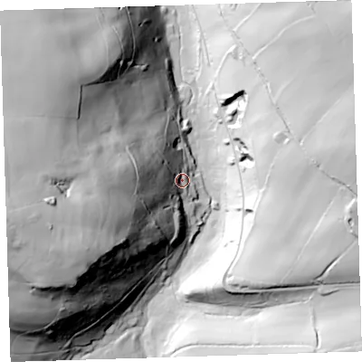 Shaded relief map of the ground around PL160JE, computed from Environment Agency LiDAR. The ground here sits at about 135 m above sea level and falls 106 m across the surrounding 800 m. Surface water reaching this point runs off ground lying to the west-south-west, 79.6 m higher.