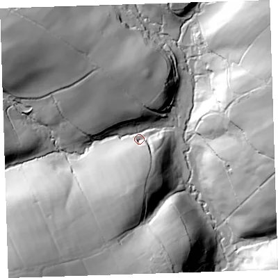 Shaded relief map of the ground around PL160JR, computed from Environment Agency LiDAR. The ground here sits at about 96 m above sea level and falls 59 m across the surrounding 800 m. Surface water reaching this point runs off ground lying to the south-west, 52.1 m higher.