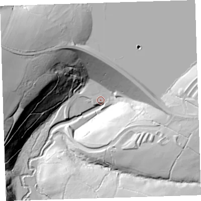 Shaded relief map of the ground around PL160SW, computed from Environment Agency LiDAR. The ground here sits at about 93 m above sea level and falls 65 m across the surrounding 800 m. Surface water reaching this point runs off ground lying to the south-east, 32.4 m higher.
