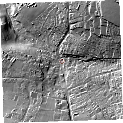 Shaded relief map of the ground around PL177AL, computed from Environment Agency LiDAR. The ground here sits at about 140 m above sea level and falls 61 m across the surrounding 800 m. Surface water reaching this point runs off ground lying to the north-east, 36.1 m higher.