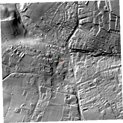 Shaded relief map of the ground around PL177AN, computed from Environment Agency LiDAR. The ground here sits at about 142 m above sea level and falls 55 m across the surrounding 800 m. Surface water reaching this point runs off ground lying to the south-south-east, 26.4 m higher.