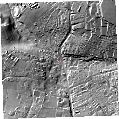 Shaded relief map of the ground around PL177AS, computed from Environment Agency LiDAR. The ground here sits at about 140 m above sea level and falls 61 m across the surrounding 800 m. Surface water reaching this point runs off ground lying to the north-east, 36.3 m higher.