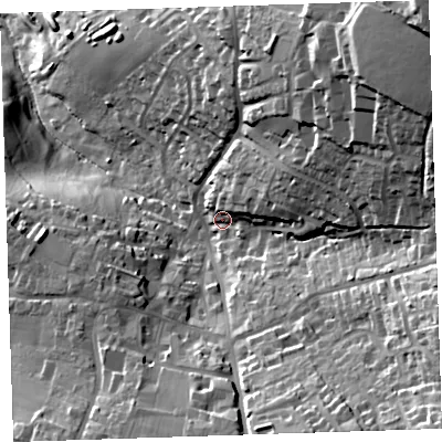 Shaded relief map of the ground around PL177BP, computed from Environment Agency LiDAR. The ground here sits at about 143 m above sea level and falls 63 m across the surrounding 800 m. Surface water reaching this point runs off ground lying to the north-east, 36.6 m higher.
