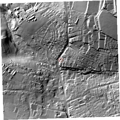 Shaded relief map of the ground around PL177BS, computed from Environment Agency LiDAR. The ground here sits at about 143 m above sea level and falls 64 m across the surrounding 800 m. Surface water reaching this point runs off ground lying to the north-east, 35.5 m higher.