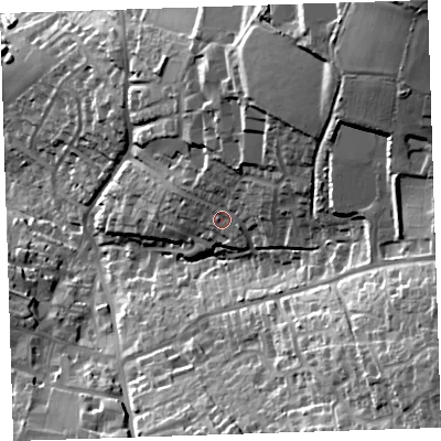 Shaded relief map of the ground around PL177BX, computed from Environment Agency LiDAR. The ground here sits at about 158 m above sea level and falls 64 m across the surrounding 800 m. Surface water reaching this point runs off ground lying to the north-east, 30.5 m higher.