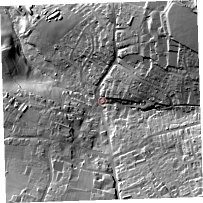 Shaded relief map of the ground around PL177FB, computed from Environment Agency LiDAR. The ground here sits at about 140 m above sea level and falls 64 m across the surrounding 800 m. Surface water reaching this point runs off ground lying to the north-east, 36.5 m higher.