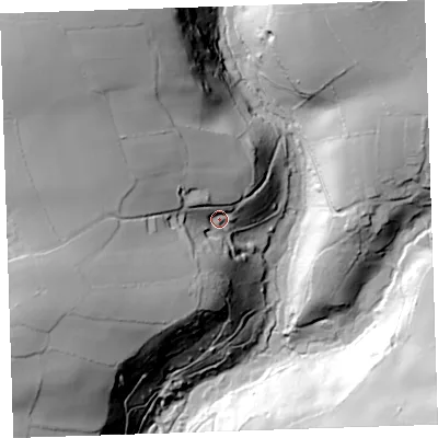 Shaded relief map of the ground around PL177JR, computed from Environment Agency LiDAR. The ground here sits at about 99 m above sea level and falls 89 m across the surrounding 800 m. Surface water reaching this point runs off ground lying to the north-west, 56.1 m higher.