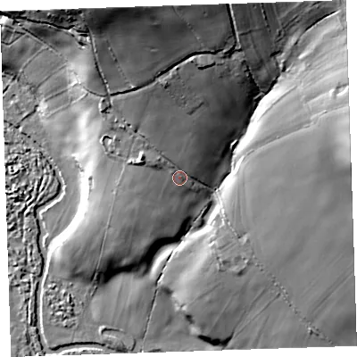 Shaded relief map of the ground around PL177JU, computed from Environment Agency LiDAR. The ground here sits at about 67 m above sea level and falls 59 m across the surrounding 800 m. Surface water reaching this point runs off ground lying to the north, 22.4 m higher.
