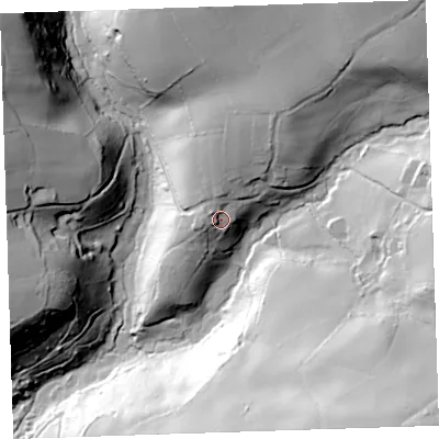 Shaded relief map of the ground around PL177JW, computed from Environment Agency LiDAR. The ground here sits at about 100 m above sea level and falls 76 m across the surrounding 800 m. Surface water reaching this point runs off ground lying to the north, 8.9 m higher.
