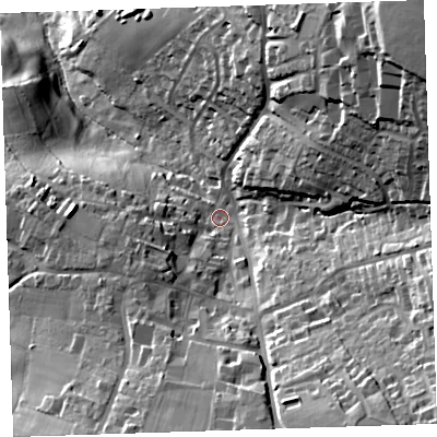 Shaded relief map of the ground around PL177LD, computed from Environment Agency LiDAR. The ground here sits at about 140 m above sea level and falls 57 m across the surrounding 800 m. Surface water reaching this point runs off ground lying to the south-south-east, 32.0 m higher.