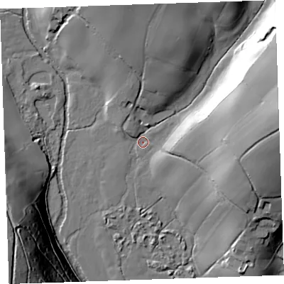 Shaded relief map of the ground around PL177NB, computed from Environment Agency LiDAR. The ground here sits at about 68 m above sea level and falls 64 m across the surrounding 800 m. Surface water reaching this point runs off ground lying to the east-north-east, 39.9 m higher.