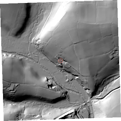 Shaded relief map of the ground around PL177NL, computed from Environment Agency LiDAR. The ground here sits at about 72 m above sea level and falls 62 m across the surrounding 800 m. Surface water reaching this point runs off ground lying to the north-east, 43.5 m higher.