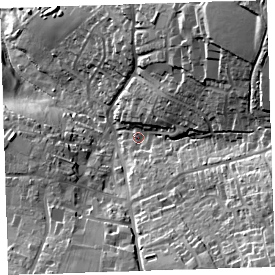 Shaded relief map of the ground around PL177NP, computed from Environment Agency LiDAR. The ground here sits at about 144 m above sea level and falls 62 m across the surrounding 800 m. Surface water reaching this point runs off ground lying to the north-east, 39.2 m higher.