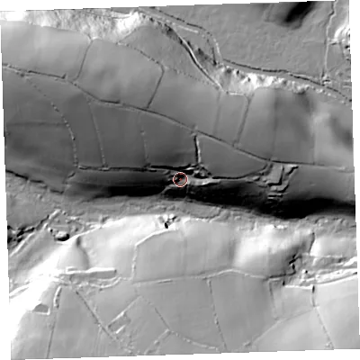 Shaded relief map of the ground around PL177NQ, computed from Environment Agency LiDAR. The ground here sits at about 80 m above sea level and falls 61 m across the surrounding 800 m. Surface water reaching this point runs off ground lying to the north-north-west, 38.3 m higher.