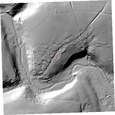 Shaded relief map of the ground around PL177NT, computed from Environment Agency LiDAR. The ground here sits at about 100 m above sea level and falls 65 m across the surrounding 800 m. Surface water reaching this point runs off ground lying to the north, 31.2 m higher.