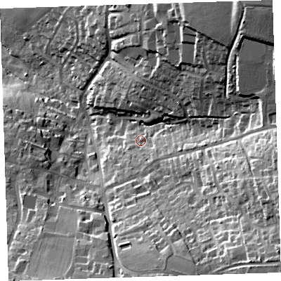 Shaded relief map of the ground around PL177PU, computed from Environment Agency LiDAR. The ground here sits at about 149 m above sea level and falls 57 m across the surrounding 800 m. Surface water reaching this point runs off ground lying to the south-south-east, 6.7 m higher.