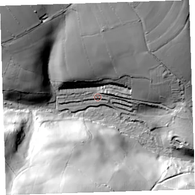 Shaded relief map of the ground around PL178BN, computed from Environment Agency LiDAR. The ground here sits at about 63 m above sea level and falls 73 m across the surrounding 800 m. Surface water reaching this point runs off ground lying to the north, 45.4 m higher.