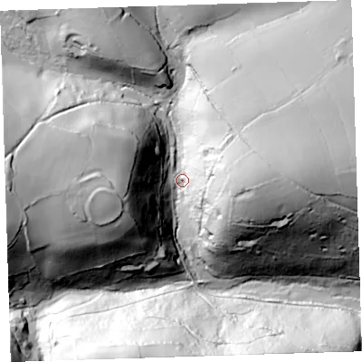 Shaded relief map of the ground around PL178BP, computed from Environment Agency LiDAR. The ground here sits at about 44 m above sea level and falls 84 m across the surrounding 800 m. Surface water reaching this point runs off ground lying to the west, 59.4 m higher.
