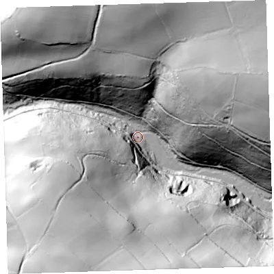 Shaded relief map of the ground around PL178BY, computed from Environment Agency LiDAR. The ground here sits at about 7 m above sea level and falls 94 m across the surrounding 800 m. Surface water reaching this point runs off ground lying to the south-south-west, 83.9 m higher.