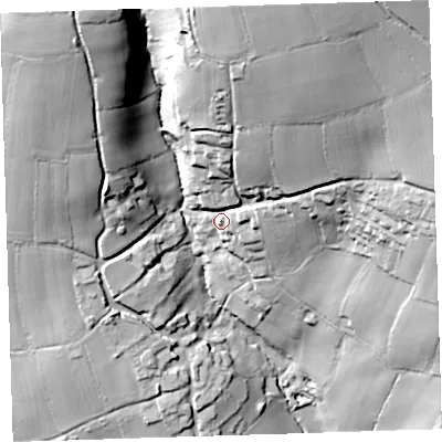 Shaded relief map of the ground around PL178DB, computed from Environment Agency LiDAR. The ground here sits at about 99 m above sea level and falls 79 m across the surrounding 800 m. Surface water reaching this point runs off ground lying to the north-north-east, 51.1 m higher.