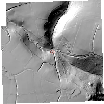 Shaded relief map of the ground around PL178DJ, computed from Environment Agency LiDAR. The ground here sits at about 71 m above sea level and falls 102 m across the surrounding 800 m. Surface water reaching this point runs off ground lying to the north-north-west, 69.2 m higher.