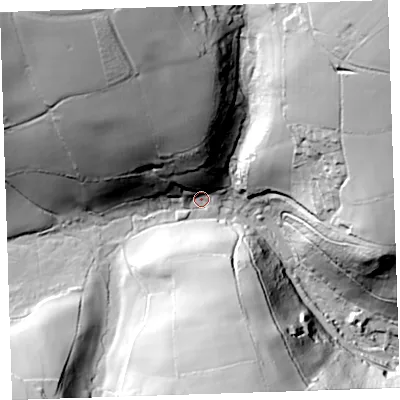 Shaded relief map of the ground around PL178LB, computed from Environment Agency LiDAR. The ground here sits at about 66 m above sea level and falls 84 m across the surrounding 800 m. Surface water reaching this point runs off ground lying to the north-west, 75.0 m higher.