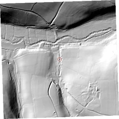 Shaded relief map of the ground around PL178LR, computed from Environment Agency LiDAR. The ground here sits at about 49 m above sea level and falls 60 m across the surrounding 800 m. Surface water reaching this point runs off ground lying to the south-east, 49.2 m higher.