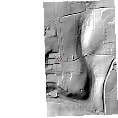 Shaded relief map of the ground around PL178PB, computed from Environment Agency LiDAR. The ground here sits at about 135 m above sea level and falls 59 m across the surrounding 800 m. Surface water reaching this point runs off ground lying to the north-north-west, 19.3 m higher.