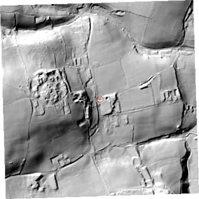 Shaded relief map of the ground around PL189AA, computed from Environment Agency LiDAR. The ground here sits at about 47 m above sea level and falls 115 m across the surrounding 800 m. Surface water reaching this point runs off ground lying to the west, 69.8 m higher.