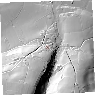 Shaded relief map of the ground around PL189AX, computed from Environment Agency LiDAR. The ground here sits at about 51 m above sea level and falls 101 m across the surrounding 800 m. Surface water reaching this point runs off ground lying to the south-south-west, 33.1 m higher.